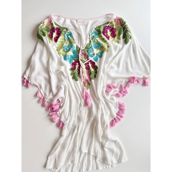 MISS JUNE White Sequin Embroidered Pink Tasseled Mini Caftan Cover Up, One Size - Picture 2 of 11